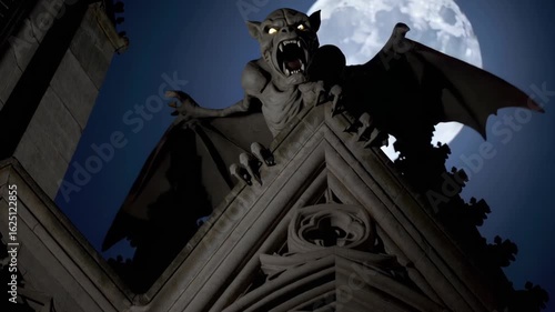 A gargoyle stands ominously on a gothic cathedral, silhouetted against the full moon. Its eyes flash with eerie light, creating an atmosphere of mystery and ancient secrets waiting to be uncovered.