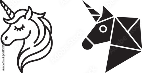 Two contrasting unicorn head illustrations one hand drawn and one geometric