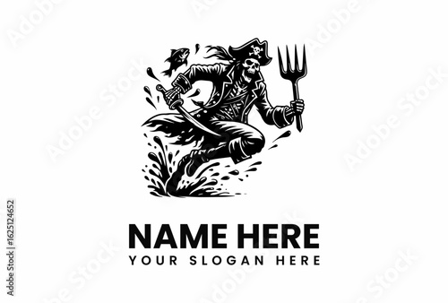A menacing skeletal pirate brandishing a trident and sword with a fish.