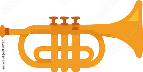 The image is a flat vector illustration of a bright orange trumpet with simple details and bold shapes, isolated on a transparent background.