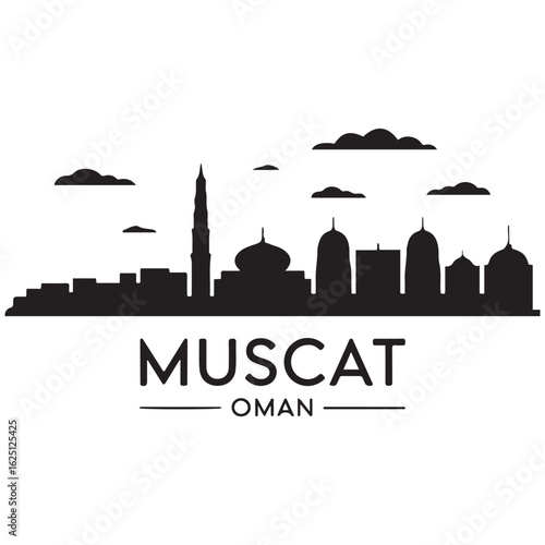 Muscat skyline horizontal banner. Muscat, Oman. Vector template for your design. Vector black silhouette. with white background