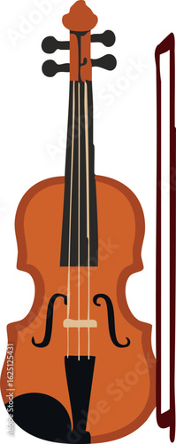 The image shows a flat vector illustration of a brown violin with its bow, depicted in a simple and stylized design.