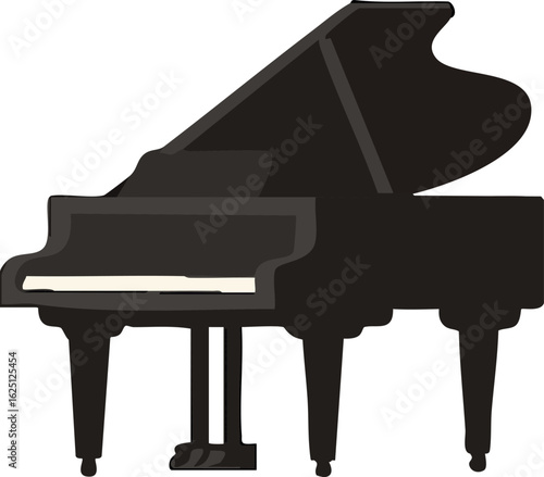 This image shows a flat vector illustration of a black grand piano with its lid open and three supporting legs.