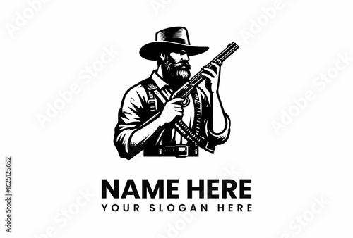 Bearded Man in Hat Holding Shotgun Vintage Style Illustration.