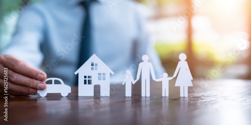 The family figures representing home and financial security options on a wooden table.