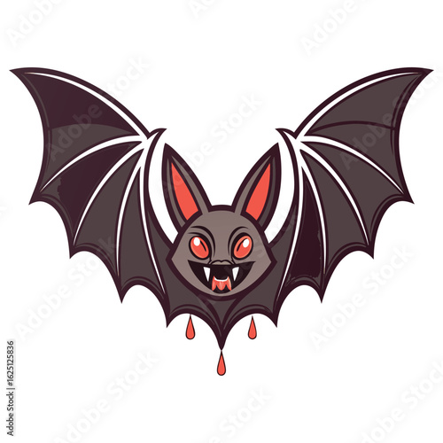 A cartoon style Halloween bat with wide open wings and dripping blood