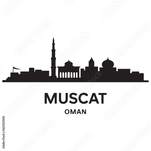 Muscat skyline horizontal banner. Muscat, Oman. Vector template for your design. Vector black silhouette. with white background