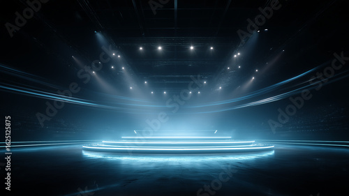Esports arena holograms, team stats and 3D maps hovering over sleek stage, intense blue and red glow
