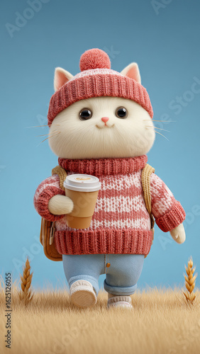 Cute fluffy cat in knit sweater and hat, holding a coffee cup while walking through a field. Wallpaper for mobile phone