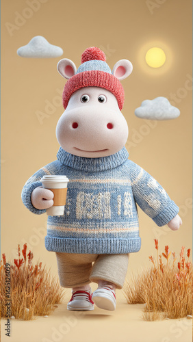 Cute cartoon hippo dressed in cozy knitwear, enjoying a coffee while walking outdoors under the sun. Wallpaper for mobile phone