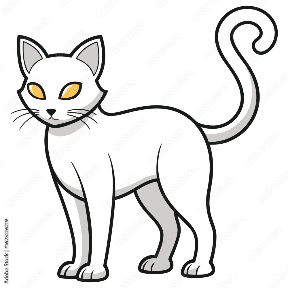 Obraz premium Cartoon white cat standing, with glowing yellow eyes and a curly tail