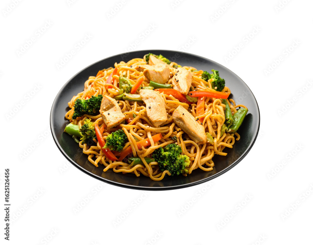 Delicious stirfried chicken noodles with fresh broccoli carrots and peppers on a black plate. Delicious stirfried chicken noodles with fresh broccoli carrots and peppers on a black plate.