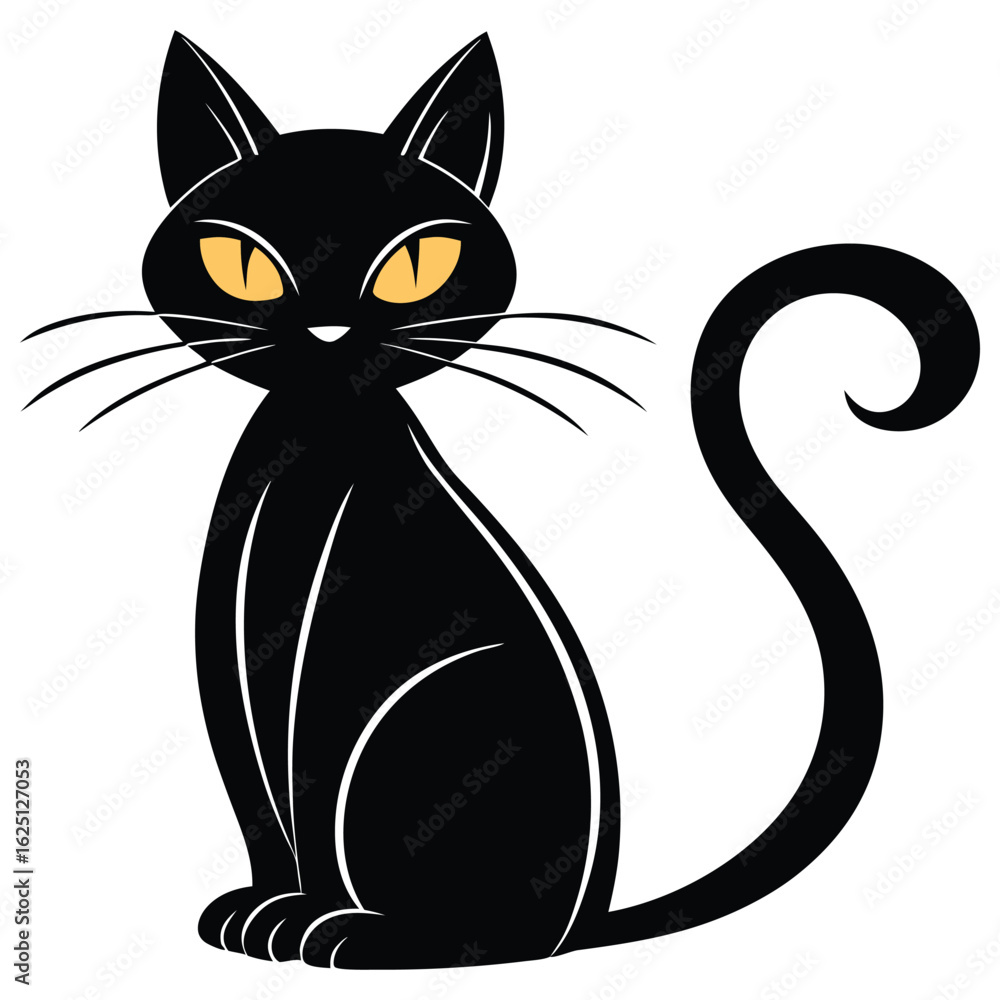 Fototapeta premium Stylized black cat with bright yellow eyes and curled tail sitting