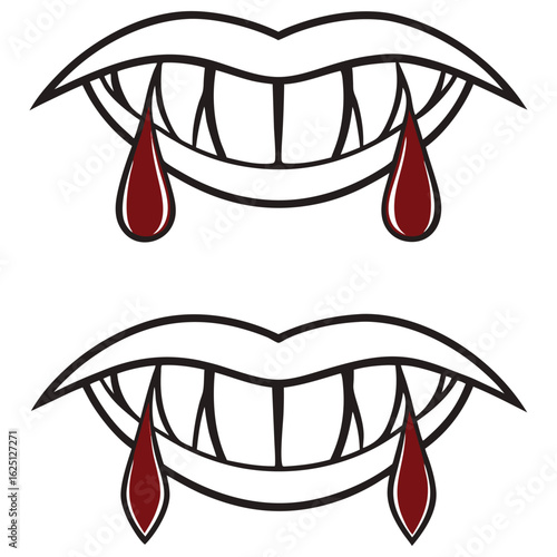 Two pairs of vampire fangs dripping with blood, stylized graphic art