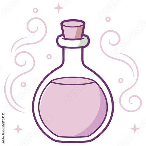 Whimsical Illustration of a Potion Bottle with Magical Swirls and Stars