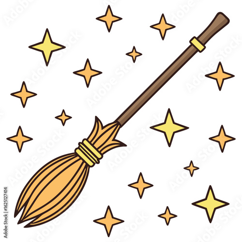 Whimsical Cartoon Broom Surrounded by Sparkling Stars on a White Background