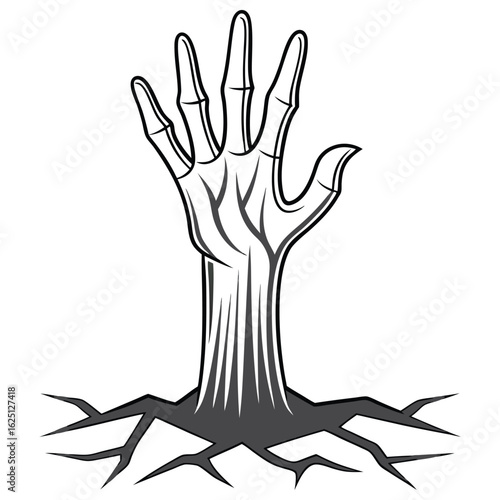 Zombie hand rising from cracked ground, a halloween horror illustration
