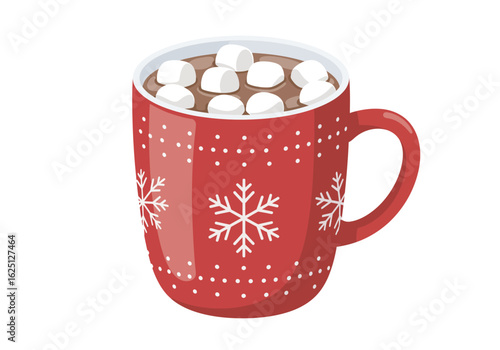 Red Mug of Hot Chocolate with Marshmallows and Snowflake Design.
