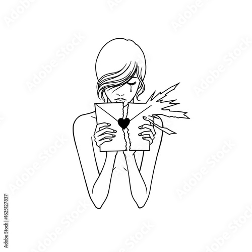 Line drawing of a crying woman holding a torn envelope with a heart shape sealing the letter shut