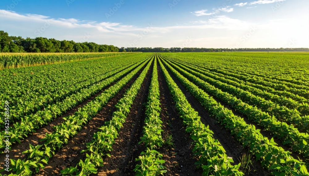 Lush, green field rows under a clear sky Lush, green field rows under a clear sky