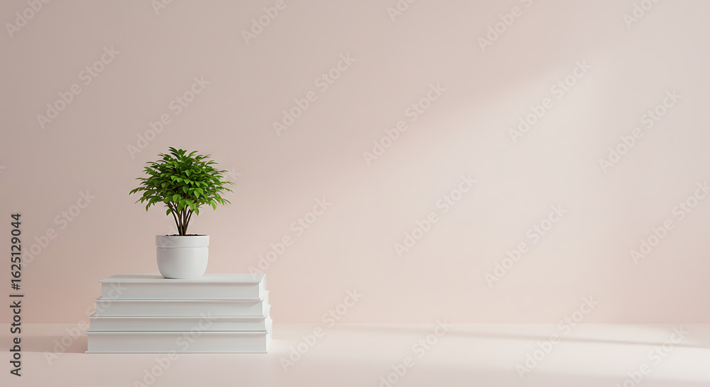 Fototapeta premium Small potted plant on a stack of white books.