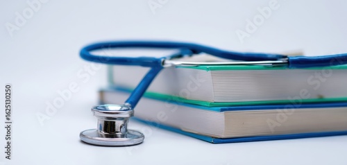 The stethoscope resting on a stack of medical textbooks for healthcare students.