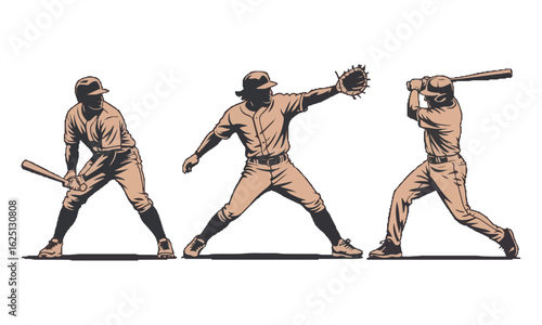 Scalable vector illustration of three dynamic baseball player silhouettes in black and white, one preparing to bat, one mid-pitch, and one completing a swing, easily editable.