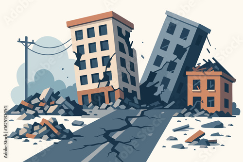 Illustration of buildings collapsing and a road cracking during a devastating earthquake, with rubble scattered around.