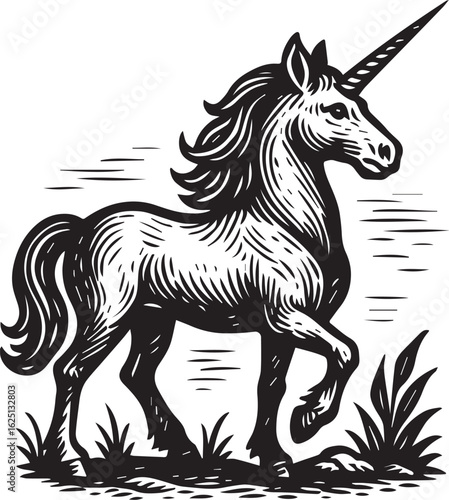 Majestic unicorn in black-and-white linocut style, rearing gracefully among grass and foliage, symbolizing purity and magic.