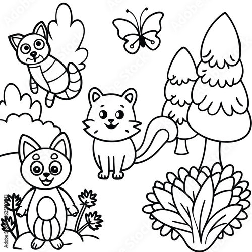 Cute cartoon forest animals including a raccoon squirrel and butterfly in a whimsical woodland scene for coloring