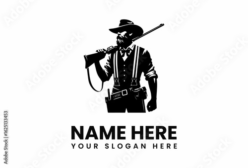 Silhouette of a bearded cowboy with rifle wearing a vest and bow tie.
