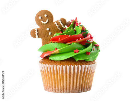  Holiday Cupcake with Swirled Green and Red Frosting, Sprinkles, and Mini Gingerbread Man, Front View, White Background