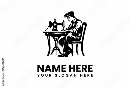 Silhouette of a Tailor at Work with Sewing Machine and Table.