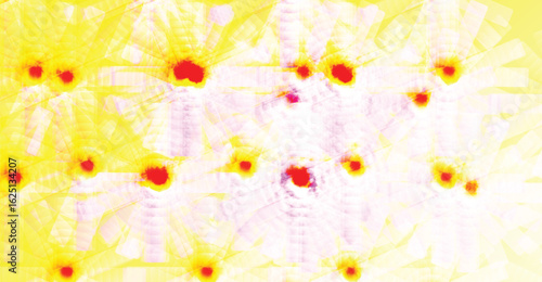 Abstract floral pattern with blurred white petals and red centers, yellow background.