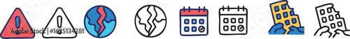 A collection of illustrated icons representing natural disasters, emergencies, and warnings.