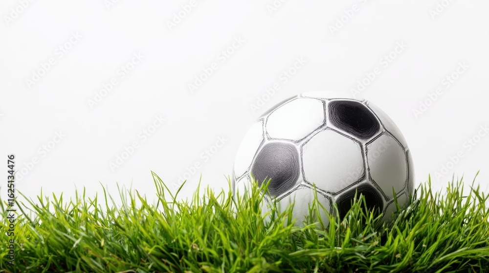 Obraz premium The soccer ball resting on lush green grass in a tranquil setting.