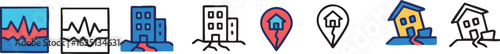 A set of colorful and line art icons depicting earthquake concepts like seismic waves and building damage.