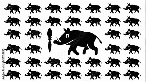 Illustration showing a group of cartoon boars with a spear like object in black and white colorscheme silhouette