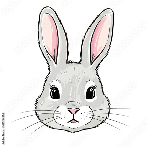 Close up portrait of a cute grey bunny with pink ears and whiskers looking directly at the viewer
