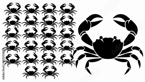 Black crab silhouettes arranged in rows with a larger crab on the right side of the image area