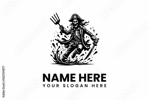 Sinister Pirate Skeleton Brandishing Pitchfork and Sword in Action.