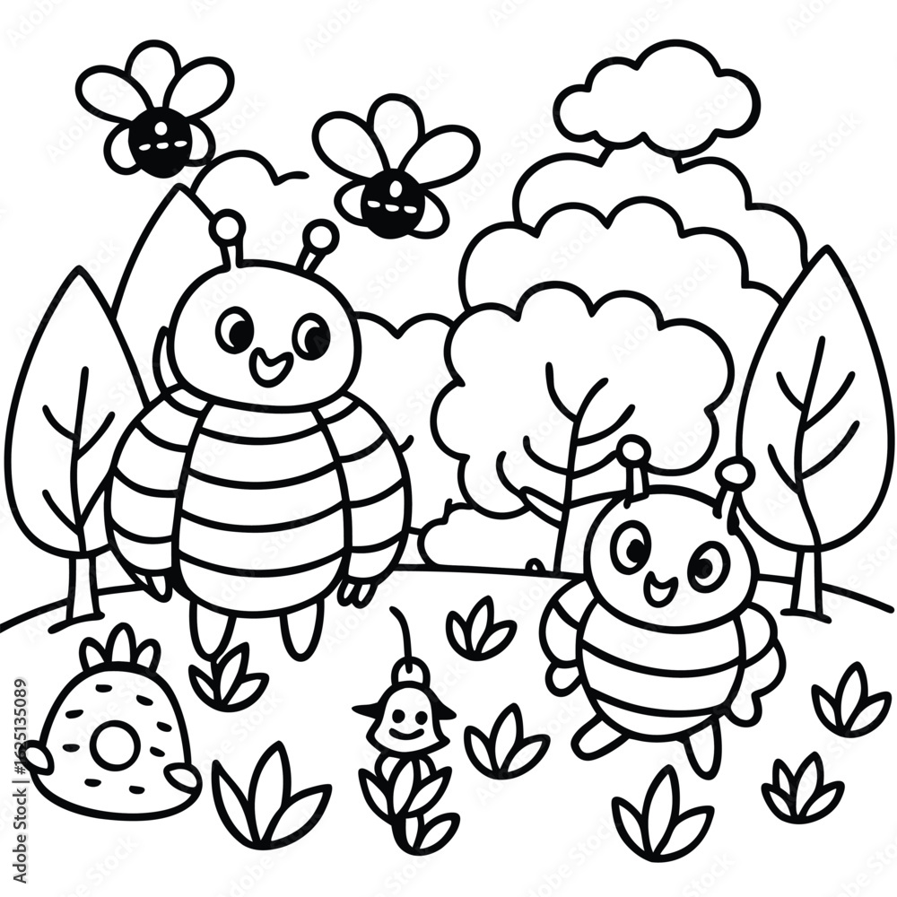 Obraz premium Cute cartoon bees and flowers in a whimsical forest scene with playful clouds and trees for children s coloring pages