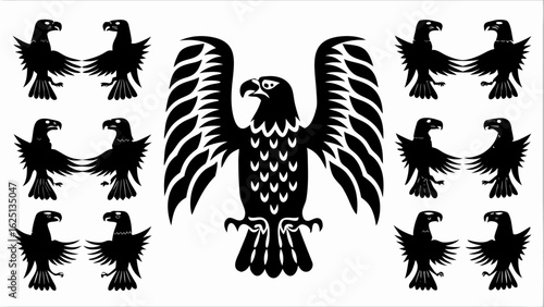 Illustration of a central eagle with outstretched wings surrounded by smaller eagles in black silhouette