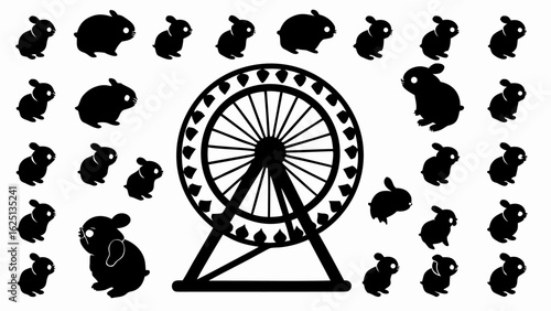 Ferris wheel surrounded by rabbit silhouettes creating a whimsical and playful monochrome illustration