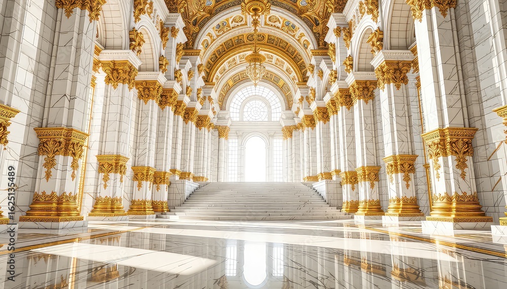 Obraz premium A Grand Hallway with Marble Columns, Golden Accents, and Illuminating Light Through Archways Leading to a Stairway