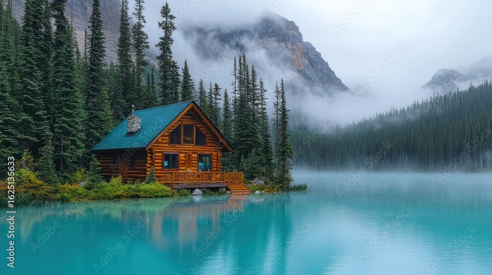 Fototapeta premium Misty mountain lake cabin