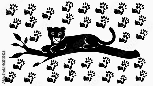 Black panther lying on a branch surrounded by paw prints in a black and white illustration style silhouette