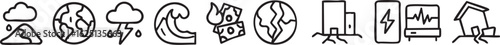 A collection of line art icons symbolizing natural disasters and environmental emergencies.