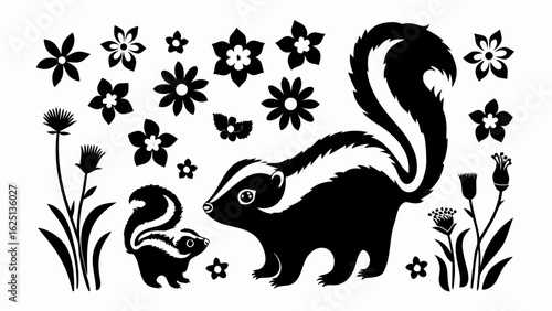 Illustration of two skunks surrounded by various flower designs in black and white silhouette style