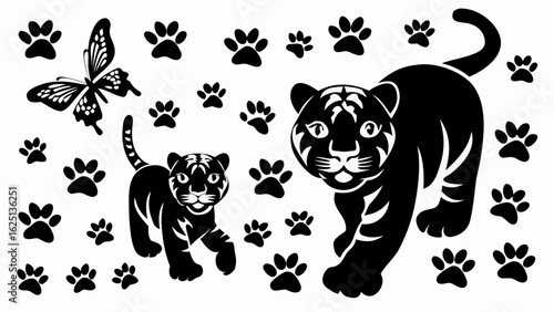 Silhouette of a butterfly tiger cub and adult tiger surrounded by paw prints on a white background